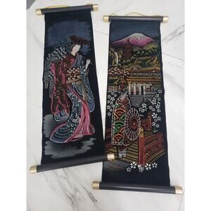 Vintage 1960s Japanese‎ Geisha Wall Hanging Tapestry Velvet Hand Painted Scroll